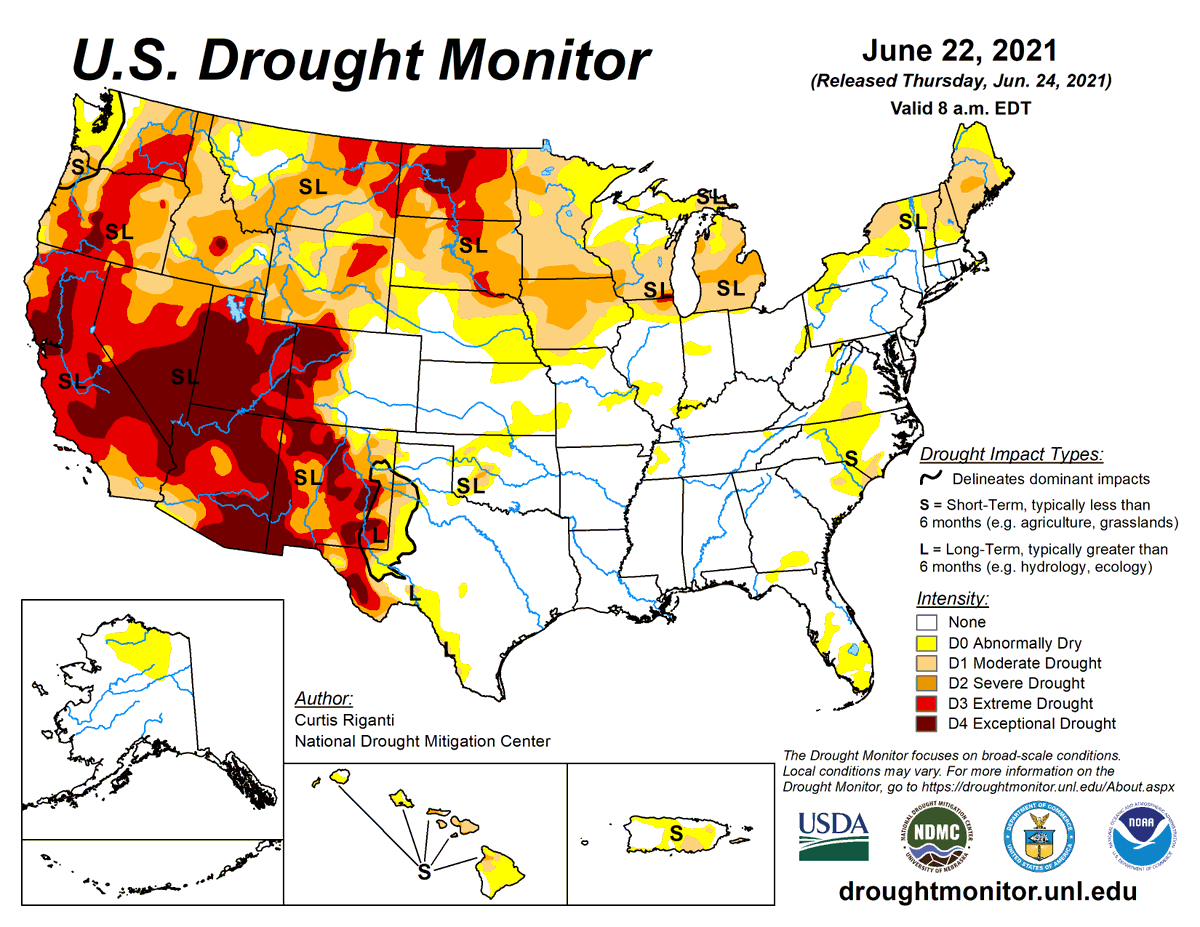 Drought Center U S Drought Monitor 6 24 21 Drought Covers Nearly 40 Of The U S And Puerto Rico Area A Dry Hot Week Across Parts Of The High Plains Contributed To Expanded