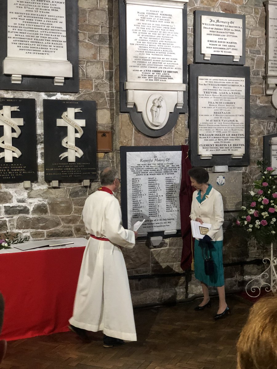 elisa_silver1's tweet photo. HRH Princess Anne hearing about the war veterans buried at St Saviour’s Church from scouts and the Rev Peter Dyson. The Princess also unveiled a memorial plaque as part of the service. @BBCJersey https://t.co/p7xHbpV0N3