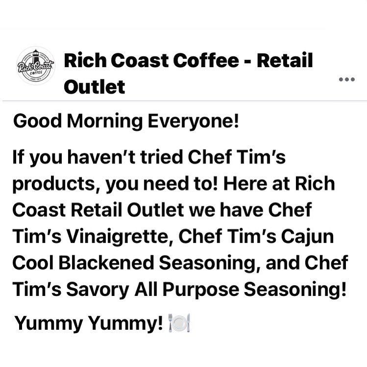 ChefTimFoods's tweet photo. Awesome!! Thanks for the Shout-Out Rich Coast Coffee - Retail Outlet!! #CustomerShoutOut #ThankYou
#ChefTims #SweetBalsamic #Vinaigrette
#GlutenFree #familyowned
#ChefTimsDressing #PaPreferred
#ShakeShakeShakeDontRefrigerate
#RichCoastCoffee
#ChefTimFoods #BuyLocal #ShopLocal https://t.co/P4oOF47poZ