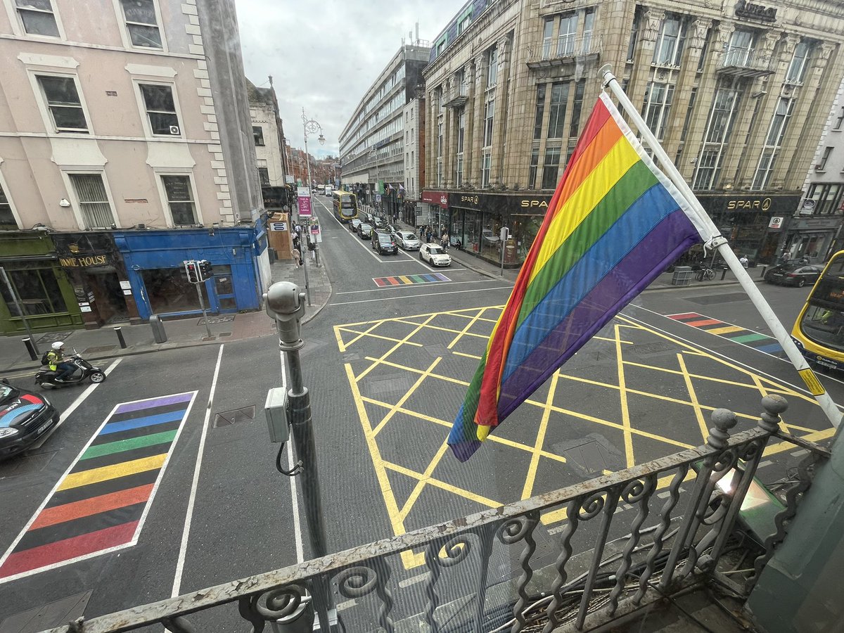 DublinTown's tweet photo. Went to take a look at the 3 rainbows now installed by @DubCityCouncil for @DublinPride on Dame St… looks so good. Thanks @kcpeaches for letting me take the snap from the window 😉 https://t.co/jS1ZclLG94