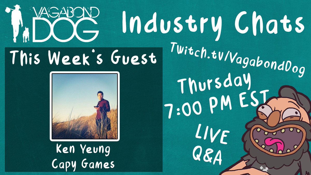 VagabondDog's tweet photo. Tonight on Industry Chats we're talking with @Capy_Ken about his design / dev work on games like #Grindstone, #Below, #SuperTimeForce, and more!

Join us, and bring your big dev questions!

Stream starts 7PM EST Tonight.
Follow now to get notified:
https://t.co/9GhZVzBTV3 https://t.co/qOrhOJeV55