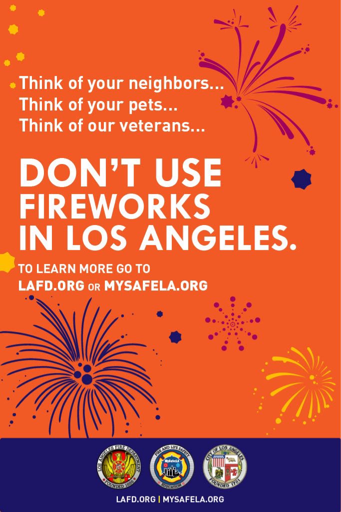 The use of fireworks in the City of Los Angeles is illegal. Fireworks can negatively affect veterans, older adults, children, and pets. The best way to enjoy fireworks is to attend a professional, public show. To report fireworks online, please visit lapdonline.org/fireworks.