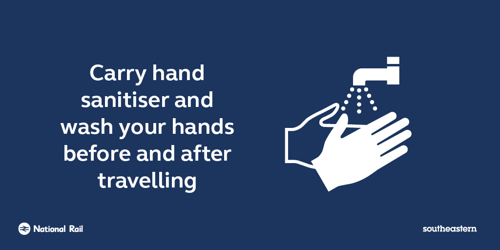 Slide displaying hands being washed, with the text 'Carry hand sanitiser and wash your hands before and after travelling'.