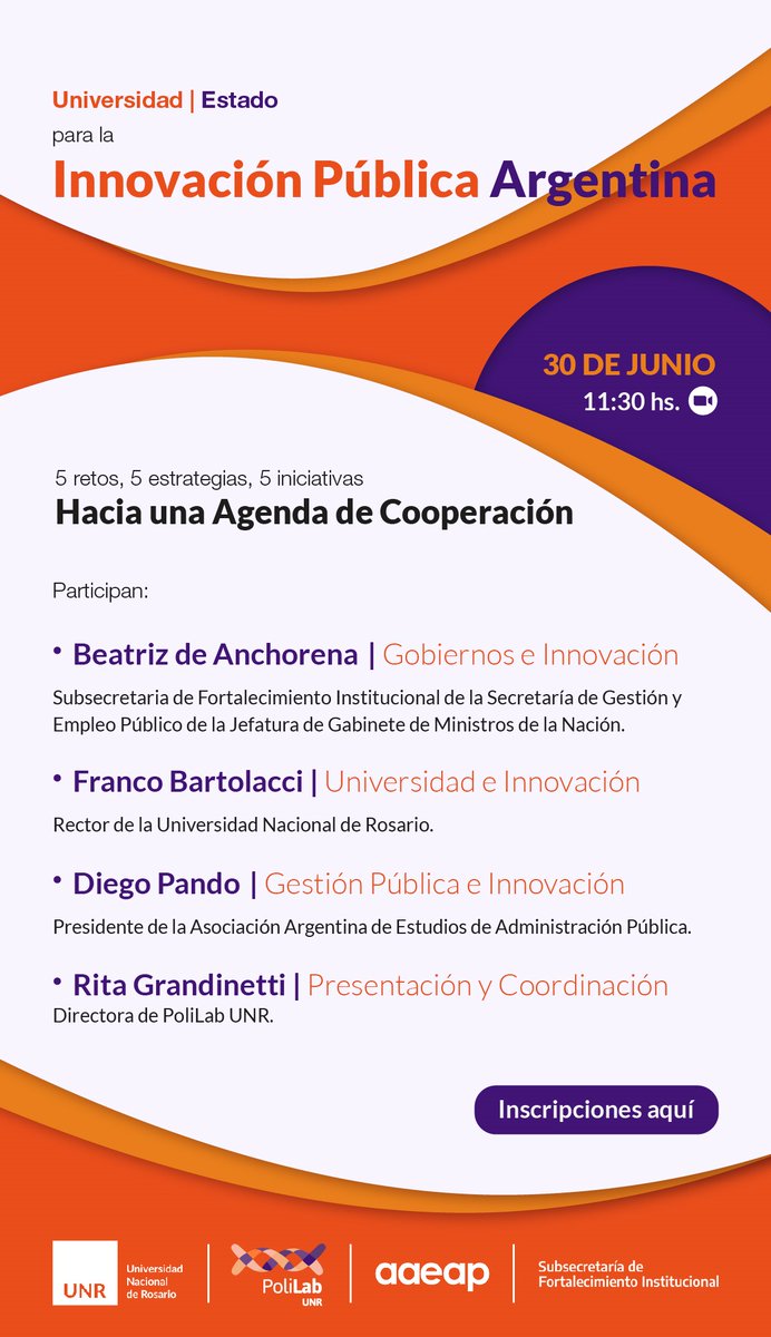 Desde PoliLab UNR queremos invitarlos al encuentro ‘Hacia una Agenda de Cooperación: Universidad – Estado para la Innovación Pública Argentina’, a realizarse el día 30 de junio de 2021 a las 11:30 hs., en modalidad virtual. 👨‍💻👩‍💻