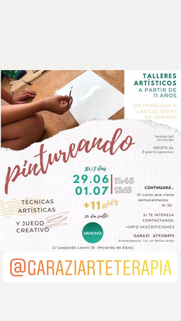 SOYMUSIKA's tweet photo. La próxima semana Seguimos PINTUREANDO en ARMONÍA +11 años Martes 29 y Jueves 1 de 11:45 a 13:15. Info y reservas con Garazi de Ayala (Lic. Bellas Artes y Arteterapeuta) 679 31 84 95 https://t.co/5tPXYxPrTm