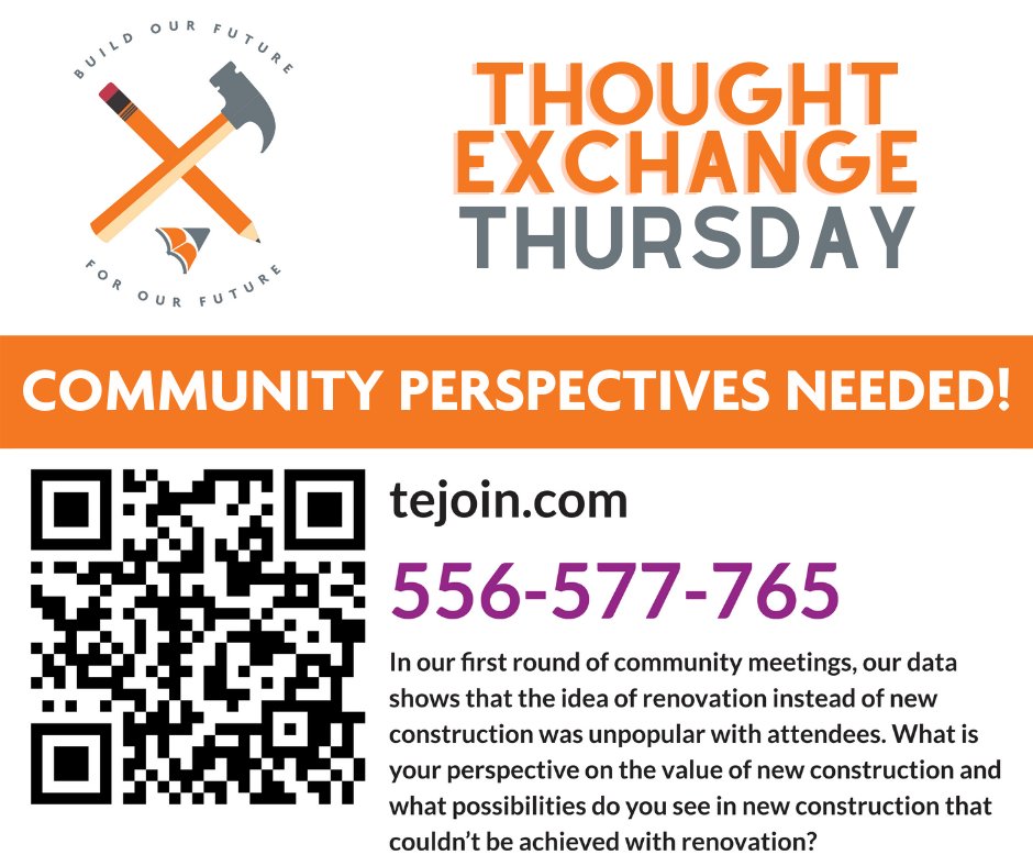 vcsc_teamvigo's tweet image. It&apos;s Thought Exchange Thursday! We need your thoughts on renovation vs. new construction. Please RT so we can get feedback from the entire community!

Visit tejoin.com/556577765 to participate in this week&apos;s Thought Exchange. 

#teamvigo