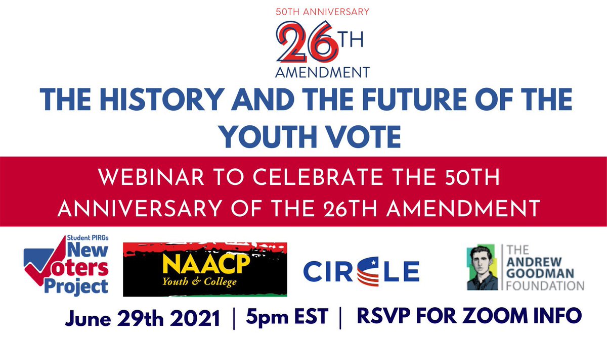 PIRGIMStudents's tweet photo. Join @StudentPIRGs @NAACPYC_ @AndrewGoodmanF, and @CivicYouth to celebrate the history and future of the youth vote.

Come to commemorate the 50th Anniversary of the passage of the #26thAmendment and take action to amplify the #youthvote!

RSVP here: https://t.co/jJWDhz7Lp2… https://t.co/qJ07iMYSuR