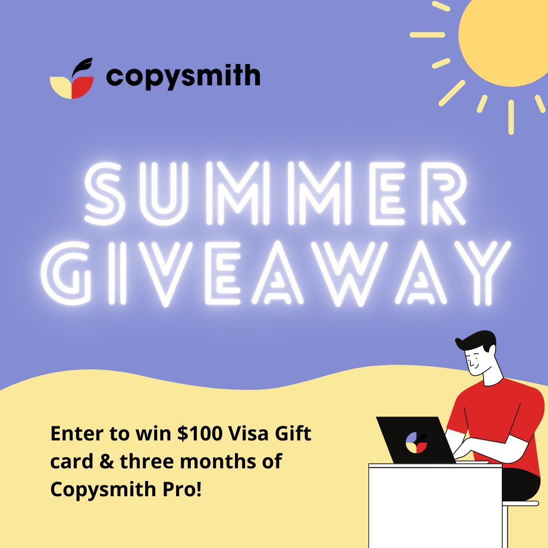In the spirit of Summer, we wanted a fun way to say thanks to our customers and subscribers. Enter now for your chance to win $100 Visa gift card and three months FREE of Copysmith’s Pro plan - a total of $250 value! bit.ly/3qlvRgx