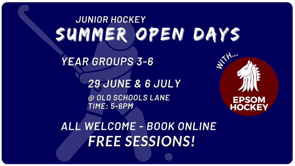 Come, have a go at #hockey. Join us for a free session! A fun, friendly team sport with plenty of health benefits & a chance to make new friends. All you need is a 😃! Email to book a spot. Year groups 3-6 👇 📧 junioradmin@epsomhc.co.uk #hockeyfamily #trysomethingnew #Epsom