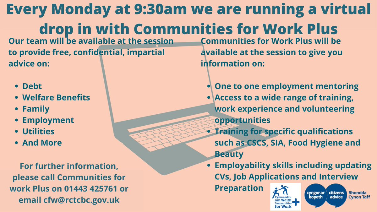 ca_rct's tweet photo. 📢Virtual Drop in

Every Monday at 9:30  advisers are online ready to offer free impartial confidential advice to all

The team from @CfWplusRCT are also online ready to support people with a wide range of employment support

🖱️Click the link to join us https://t.co/kLu4jmEBEi https://t.co/sImfd4CkuC