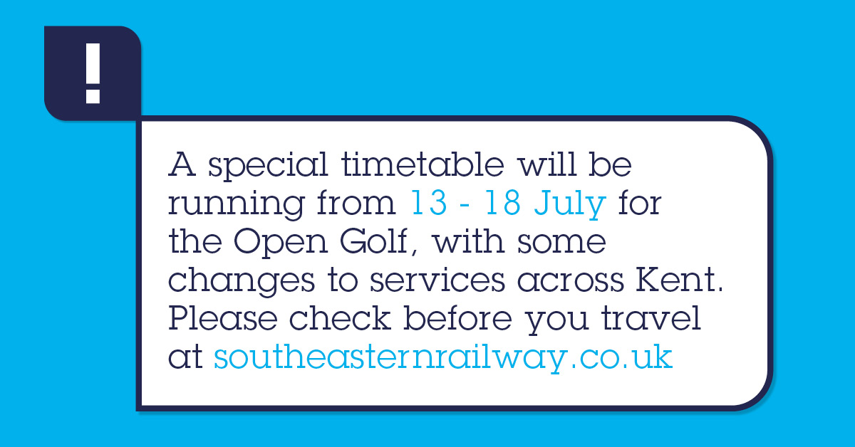 A special timetable will be running from 13 - 18 July for The Open Golf, with some changes to servcies across Kent.  Please check before you travel using the link in the tweet.