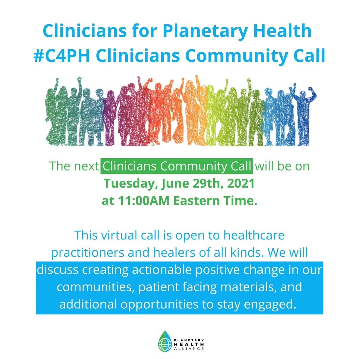 ph_alliance's tweet photo. 🗣️ Calling all healthcare providers!
🌿 Join us for a virtual #C4PH Clinicians Community Call on 6/29 at 11am ET! Discussion topics include pathways for creating actionable change in #planetaryhealth & updates on patient facing material.
Register ➡️ https://t.co/cOBJuMHRwu https://t.co/GmA2DSe64n