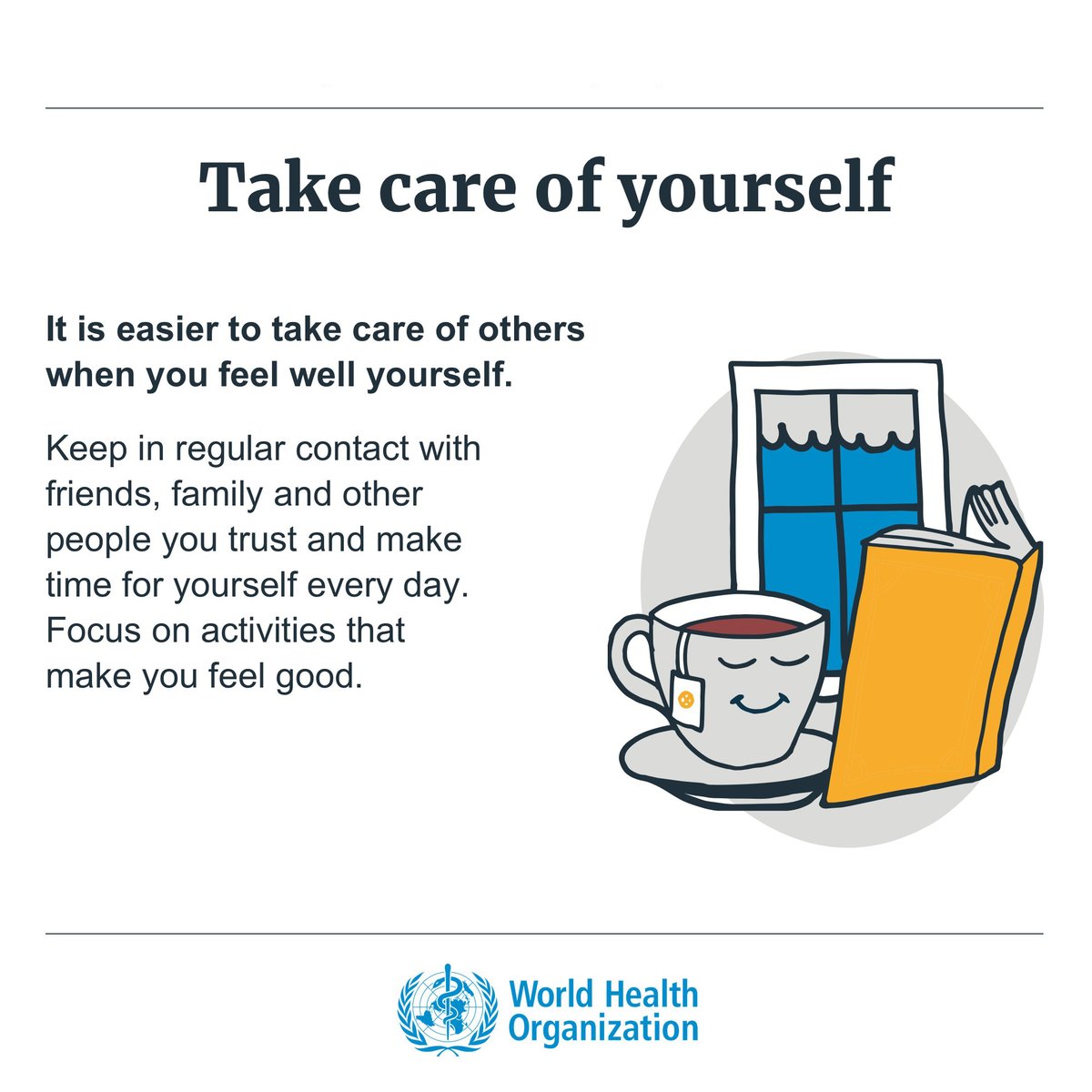 Take time each day for things you enjoy and to stay connected with those you 🤎 

✅ Keep in touch with people you care about 
✅ Think about what you can do for others 
✅ Reach out to a trusted person or health worker if you need help

👉 bit.ly/3xOelE5