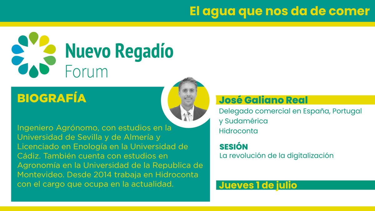 𝗘𝗹 𝟭 𝗱𝗲 𝗷𝘂𝗹𝗶𝗼, <a href="/JGRHidroconta/">José Galiano Real</a> participará dentro de la sesión “𝗟𝗮 𝗿𝗲𝘃𝗼𝗹𝘂𝗰𝗶𝗼́𝗻 𝗱𝗲 𝗹𝗮 𝗱𝗶𝗴𝗶𝘁𝗮𝗹𝗶𝘇𝗮𝗰𝗶𝗼́𝗻”. 

👁‍🗨👁‍🗨No te lo puedes perder.
¡Inscríbete en el siguiente enlace!🔽🔽
iagua.es/nuevo-regadio-…