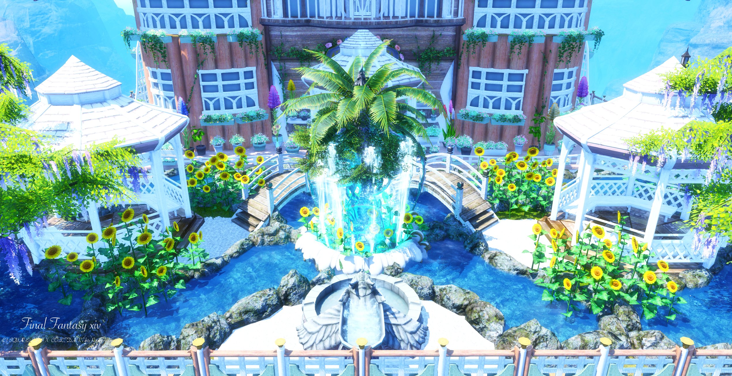 みうぶらう ぐんぐにる みうてんハウスゴブlサイズのお庭 Water Summer Garden Lサイズのお 庭をフルに使って 大きな噴水と庭いっぱいに水場を作った夏のお庭です 暑い砂漠の居住区でも 谷から吹き上げてくる風と 水の音で涼しく過ごせそう