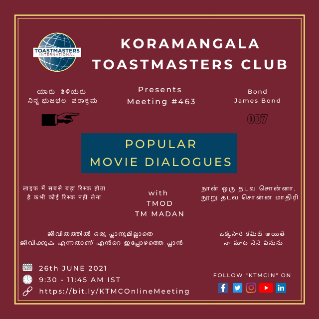 ktmcin's tweet photo. Join us this Saturday TMOD TM Madan to decode the famous movie dialogues and a game based on movie dialogues.

Meeting Details:
Time: 09:30 AM to 11:45 AM IST
Date: Saturday, 26th June 2021
Link: https://t.co/HBctQC55Km
Zoom Meeting Id: 860 3428 7123 https://t.co/hC7GRlDm90