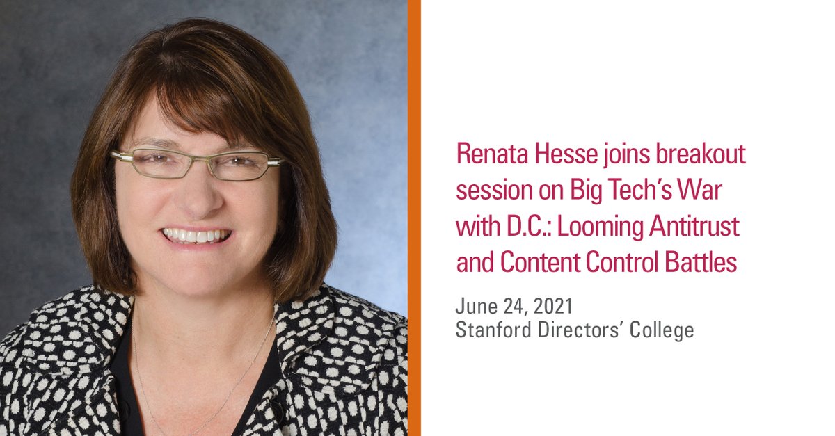 sullcrom's tweet photo. Renata B. Hesse will join a panel discussion of the #antitrust concerns around #BigTech and where enforcement may lead at the Stanford Directors' College. Learn more: https://t.co/cLb5pb0NXb
#directorscollege #techlaw #regulations #cybersecurity @StanfordRock https://t.co/asgsKRXFxj