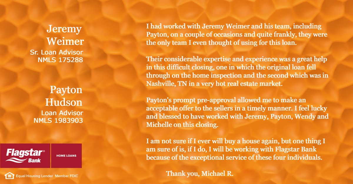 jeremy_weimer's tweet photo. It is such a joy to see our clients happy! Payton Hudson did an excellent job at making this happen, along with Wendy Watts and Michelle Bunch. Teamwork at it's best! #teamweimer #jeremyweimer #paytonhudson #wendywatts #michellebunch #flagstarbank https://t.co/j6IhWZLswP