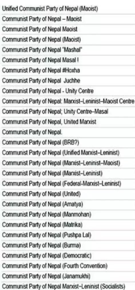 Í Nepal er aragrúi af Kommúnistaflokkum.

Hefur ekkert að gera með hugmyndafræði. 

Þetta eru bara dobía af mönnum sem geta ekki unnið saman.