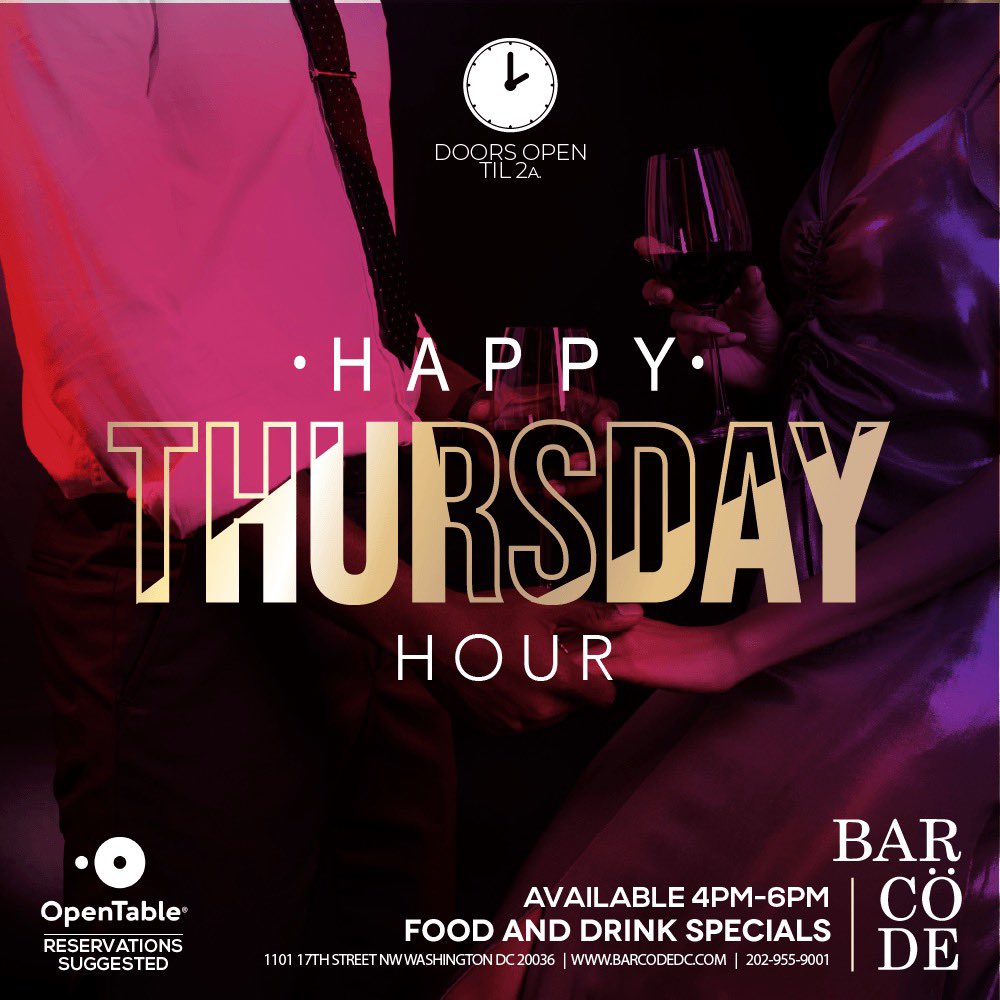 barcodedc's tweet image. THURSDAY: Happy Hour from 4-6p. Doors open til 2 am Make your reservations now opentable.com/barcode. Late Night Food 
 Washington D.C. Washington, D.C. #HappyHour #wdc #drinks #washingtondc @TheEventsDC #eventdc