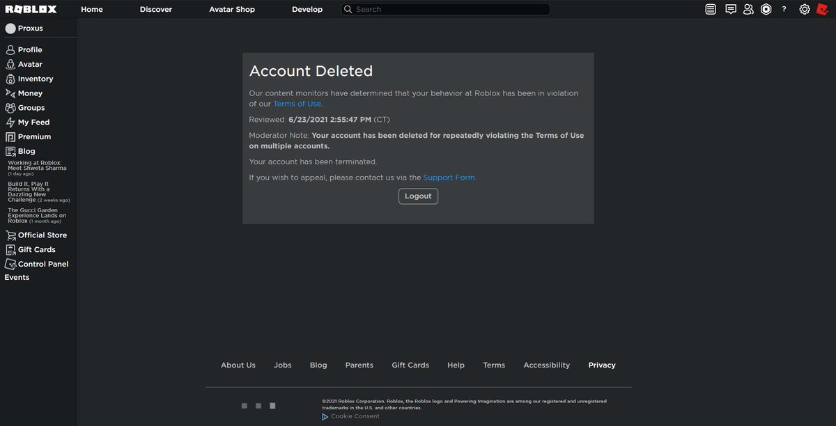 Proxus on X: PLEASE RETWEET! All my accounts have just been terminated, I  do not know why, I've done nothing to breach Roblox's TOS. This has left me  quite shaken as my