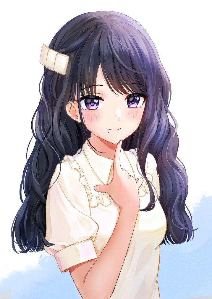 1girl solo black hair purple eyes long hair smile looking at viewer  illustration images
