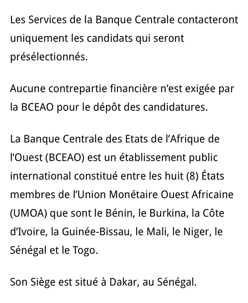 albadaradi's tweet image. Chers tous,
La BCEAO 🏦 recrute !

Domaines
archives-documentation ;
assistanat de direction ;
assistant social ;
banque - finance ;
comptabilité, finance, audit ;
gestion ;
ressources humaines ;
informatique ;
monétique.

Deadline: 30/06/2021

POSTULEZ !
#BeugueJob 
#Kebetu