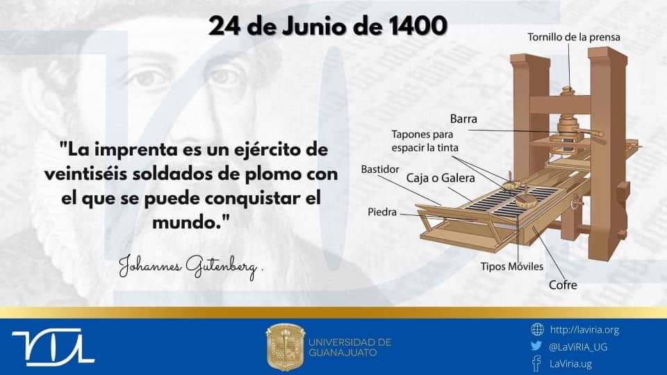 LaViRIA_UG's tweet photo. Johannes Gutenberg         
El mérito de Gutenberg fue perfeccionar las técnicas de impresión existentes fundiendo en metal cada una de las letras del alfabeto por separado, e ideando un sistema para ponerlas una a continuación de otra y sujetarlas. https://t.co/XERzkEApb6