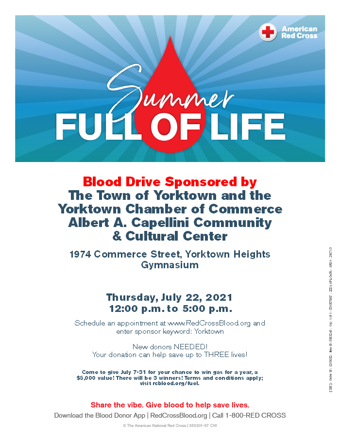 Blood Drive hosted by the Yorktown Chamber of Commerce and the Town of Yorktown. Visit:  redcrossblood.org/give.html/driv… to sign up for your appointment
