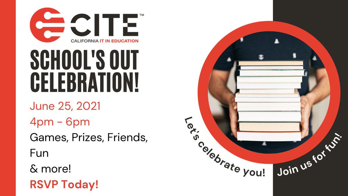CITE_EDU's tweet image. Join us tomorrow from 4-6pm for an evening of games, networking &amp;amp; fun to celebrate the end of the year! The last year and a half has been difficult for schools across CA. Let&apos;s spread positivity &amp;amp; celebrate the good that came from the last year! RSVP: forms.gle/VspVVSDsrooy1T…