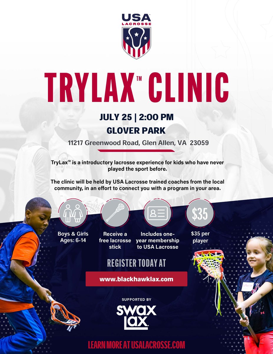 Is your child interested in playing lacrosse but never tried? This is the perfect opportunity for never before players to be introduced to the game of lacrosse. 

Registration is OPEN for the TryLax Clinic! 

Register at blackhawklax.com