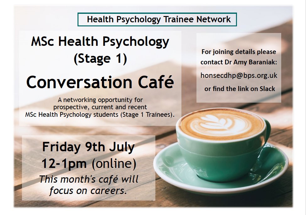 Are you a prospective, current or recent MSc Health Psychology student (Stage 1 trainee). If so then this regular monthly meeting is for you.

This month's focus is on careers (there will be a special guest) and as always there will be plenty of chance to chat to other students.