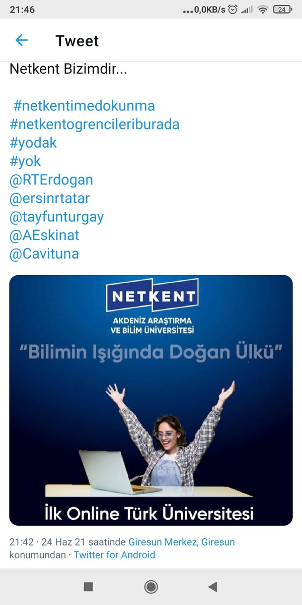 Netkent Bizimdir...

 #netkentimedokunma
#netkentogrencileriburada
#yodak
#yok
<a href="/RTErdogan/">Recep Tayyip Erdoğan</a> 
@ersinrtatar 
<a href="/tayfunturgay/">Tayfun TURGAY</a> 
<a href="/AEskinat/">Dr. Ali Eşkinat</a> 
<a href="/Cavituna/">Cavit Tuna</a>