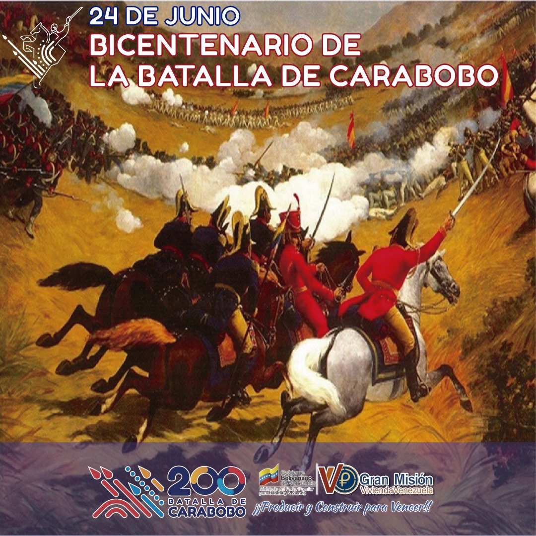 Con gran regocijo conmemoramos hoy #24jun, 200 años de victoria de la Batalla de Carabobo ¡Invencibles por siempre!
<a href="/NicolasMaduro/">Nicolás Maduro</a>
<a href="/DelcyRodriguezv/">Delcy Rodríguez</a>
<a href="/IMVillarroel1/">Moisés V</a>
<a href="/Minhvi_Oficial/">Hábitat y Vivienda</a>