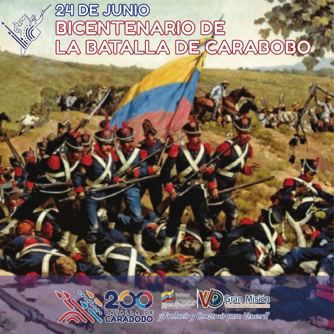 #Hoy || #24jun celebramos 200 años de nuestra  victoria independentista de la Batalla de Carabobo ¡Que viva la patria!
<a href="/NicolasMaduro/">Nicolás Maduro</a>
<a href="/DelcyRodriguezv/">Delcy Rodríguez</a>
<a href="/IMVillarroel1/">Moisés V</a>
<a href="/Minhvi_Oficial/">Hábitat y Vivienda</a>