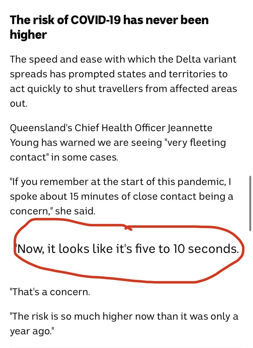 ⚠️“5-10 seconds” is all one needs to transmit the #DeltaVariant, warns Queensland 🇦🇺 health officer, that it **no longer takes up o 15 minutes** to pass on #COVID19. It can be a 'fleeting moment' of seconds. It indeed happened *thrice* at shopping mall.🧵
abc.net.au/news/2021-06-2…