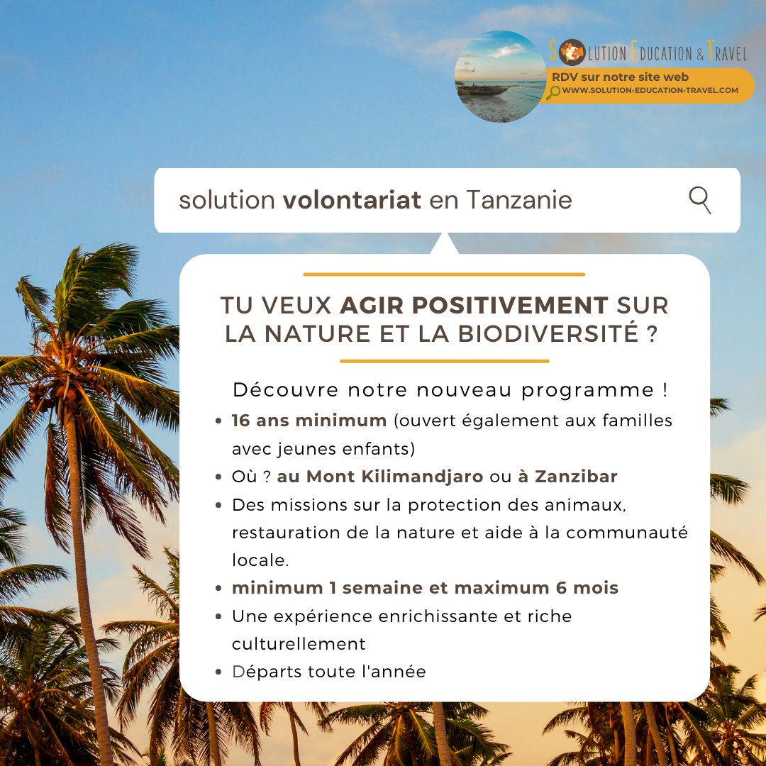 solution_SET_fr's tweet photo. NEW PROGRAM !

👉Le #volontariat ça te tente? 
🇹🇿 Alors découvre notre nouvelle solution en Tanzanie
ℹ️Toutes les infos sur ce lien : https://t.co/NSQoLNXJAM

#solution #education #Travel https://t.co/c1CQgLOUOC