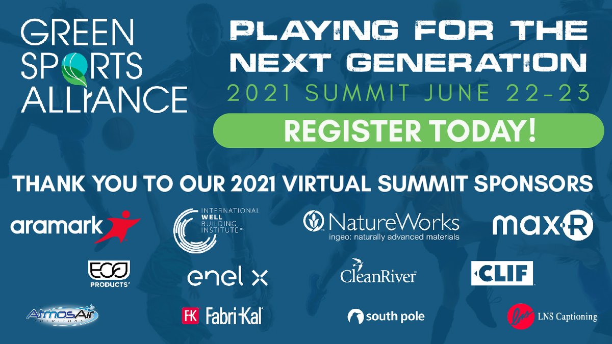 sportsalliance's tweet photo. Thank you to our sponsors @aramark @wellcertified @maxrbins @natureworks @ecoproducts @enelgroup @cleanriverpr @clifbar @southpoleglobal @atmos_air @LNSCaptioning & Fabri-Kal for making #GSASummit21 a success – the #greensports movement is ready to #PlayForTheNextGeneration https://t.co/VR0Kr48ACI