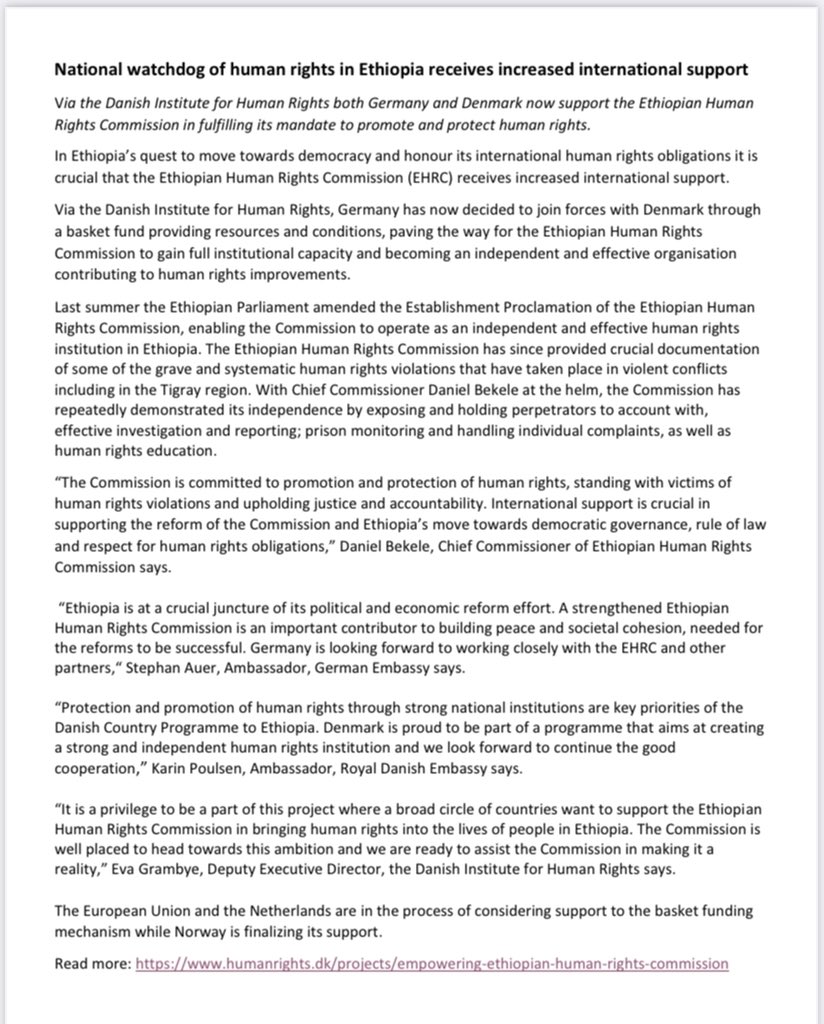 Denmark_Addis's tweet photo. Today a joint donor basket fund was launched in support of the Ethiopian Human Rights Commission. The fund will support @EthioHRC in fulfilling its mandate to promote and protect human rights 🗣. 🇩🇰 &amp; 🇩🇪 are 1st to join! 👇 @GerEmbAddis @EthioHRC @HumanRightsDK https://t.co/6uh8wkzEhV