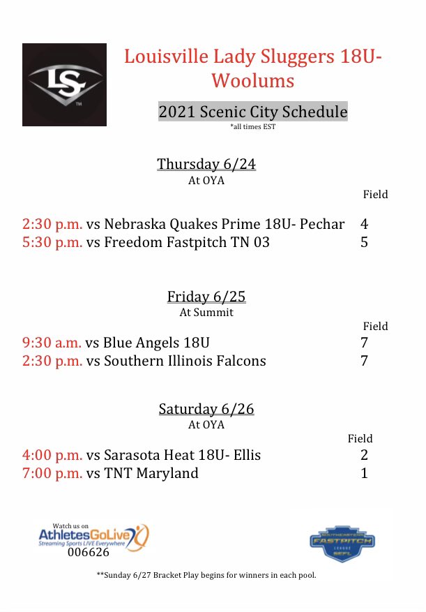 Our schedule for this weekend in Chattanooga, TN. <a href="/NKUNorseSB/">NKU Softball 🥎</a> @NKUSBCoachG <a href="/USISOFTBALL/">USI SOFTBALL</a> <a href="/SUSoftball/">Spalding U Softball</a> <a href="/CoachC_HC/">Cori Collinsworth</a> <a href="/HanoverSBall/">Hanover College Softball</a> @AustinPeaySB <a href="/KassieD23/">Kassie Stanfill</a> <a href="/LeagueFastpitch/">Southeastern Fastpitch League</a>