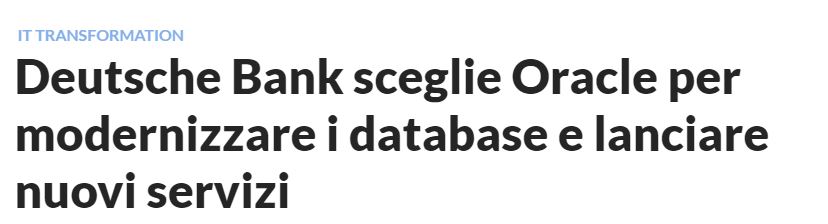 OracleItalia's tweet photo. #DeutscheBank sceglie #Oracle per modernizzare i #database e lanciare nuovi servizi.

La news su @AZIENDABANCA: https://t.co/E5WQt2m2ws

#Exadata #CloudatCustomer #cloud https://t.co/cfSknndj0C