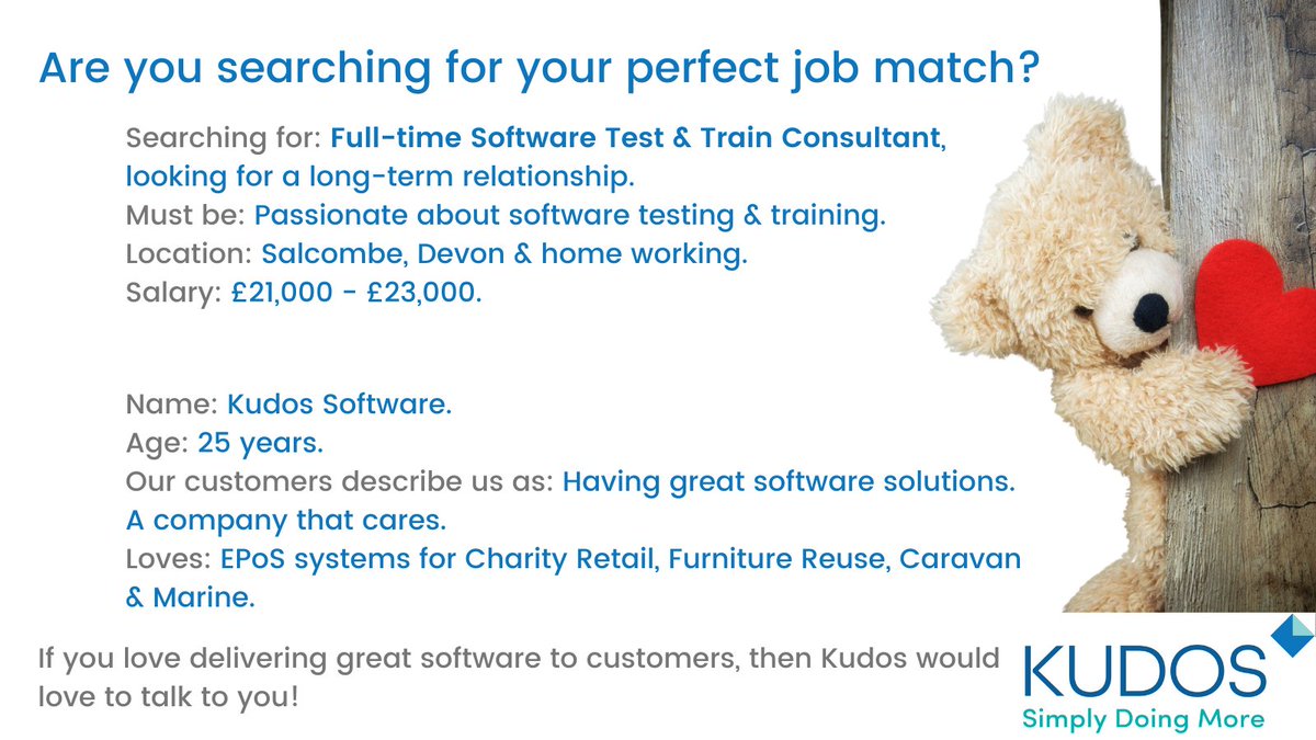 <a href="/Kudos_Software/">Kudos Software</a> is searching for a new, full-time Software Test &amp; Train Consultant to join #TeamKudos. If you think you could be ‘the one’ we’ve been looking for, please call or email sarah@kudos-software.co.uk for the job description.