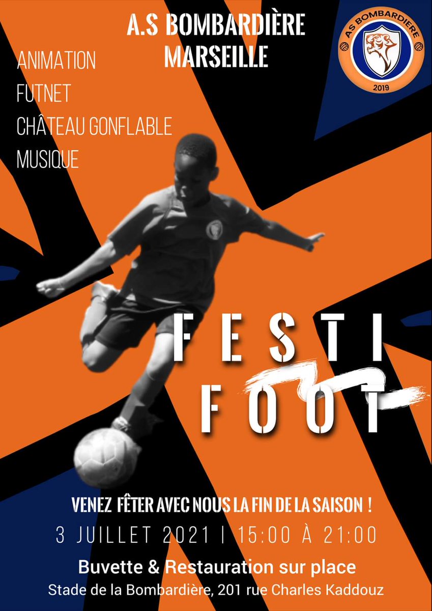 ASBombardiere's tweet photo. [FESTI FOOT] 🟠🔵

🥳 Venez fêter avec nous la fin de la saison et le début de l'été !

📅 Rendez-vous le 03/07/2021 au Stade de la Bombardière de 15h à 21h !

Au programme : 
☑️ Animations surprises 
☑️Futnet
☑️Château gonflable
☑️Musique 

😋 Buvette &amp; Restauration sur place https://t.co/DcY1cbUVGS