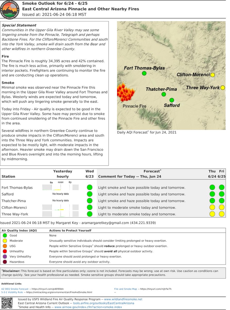 PinnacleInfo21's tweet image. Today into Friday - Air quality is expected to be good in the Upper Gila River Valley. Some haze may persist due to smoke from continued smoldering of the Pinnacle Fire and other fires in the area. #pinnaclefire
wildlandfiresmoke.net/outlooks/EastC…