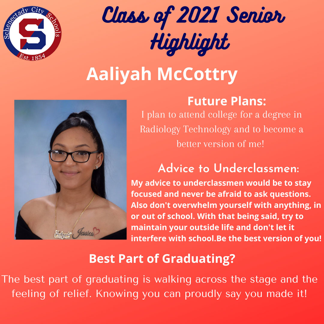 SCSchools's tweet image. Please join us in offering congrats &amp;amp; best wishes to Aaliyah McCottry #shsclassof2021 🎓😎 Aaliyah is headed to college to earn a degree in Radiology.💯 She suggests staying focused &amp;amp; don&apos;t be afraid to ask questions👏🏽 🎓 #beyourbestyou #schenectadyvibes
