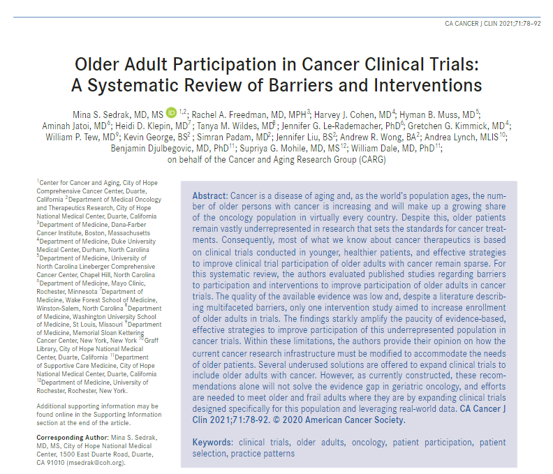 CA: A Cancer Journal for Clinicians (@cacancerjournal) on Twitter photo Older patients remain vastly underrepresented in research that sets the standards for cancer treatments. A review from <a href="/myCARG/">Cancer and Aging Research Group (CARG) #GeriOnc</a> offers solutions to expand clinical trials to include older adults with cancer. acsjournals.onlinelibrary.wiley.com/doi/10.3322/ca… <a href="/minasedrakmd/">Mina S. Sedrak</a> #GeriOnc Older patients remain vastly underrepresented in research that sets the standards for cancer treatments. A review from <a href="/myCARG/">Cancer and Aging Research Group (CARG) #GeriOnc</a> offers solutions to expand clinical trials to include older adults with cancer. acsjournals.onlinelibrary.wiley.com/doi/10.3322/ca… <a href="/minasedrakmd/">Mina S. Sedrak</a> #GeriOnc