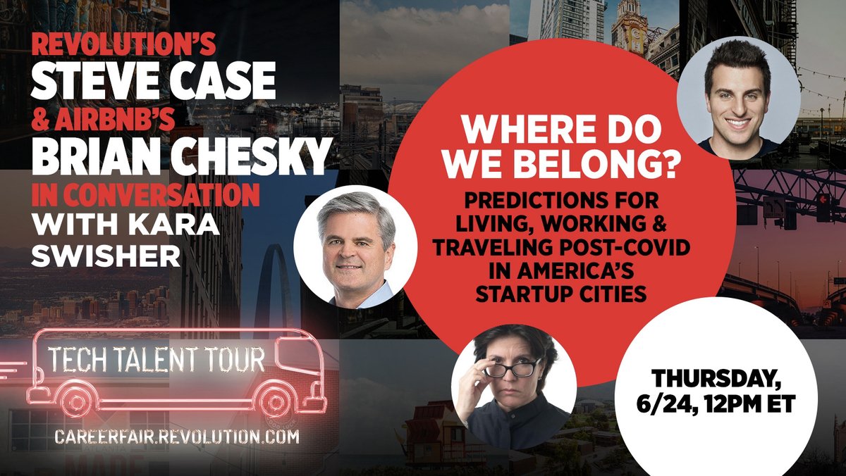 revolution's tweet photo. In just 30 minutes, @Airbnb CEO @bchesky & @SteveCase are joining the @RiseOfRest #TechTalentTour virtual main stage to discuss the future of startup geography in a post-COVID world with moderator @karaswisher. Tune in for this insightful discussion here: https://t.co/2mb7oH7fyI https://t.co/RWDIXw01CH