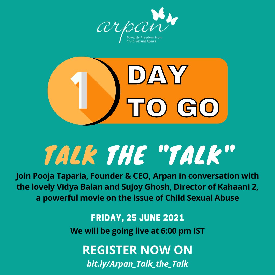 Arpan_CSA's tweet photo. - Role of movies in highlighting social issues
Friday, 25th June 2021 | 6:00 PM - 7:00 PM IST
Hurry up and register now at https://t.co/MpAn1QoEth
Registration open till 4:00 PM on 25th June 2021
#Kahaani2 #VidyaBalan #SujoyGhosh #CauseBasedCinema #LiveWebinar #ChildSafety https://t.co/JFd9q8qhXs