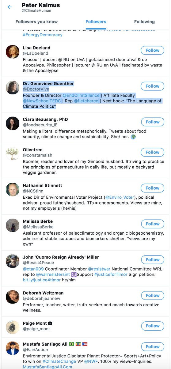 Page18 - only colleague from NASA. Peter's follow's Justin on page10 btw.Important BFF Genevieve at Page48.Svante, Greta's father: page82, 820 follower - he knows Peter is a true star of climate science already!Page86 - WeDontHavetime: