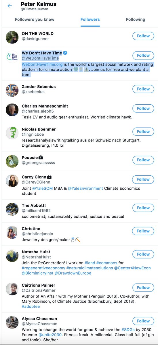 Page18 - only colleague from NASA. Peter's follow's Justin on page10 btw.Important BFF Genevieve at Page48.Svante, Greta's father: page82, 820 follower - he knows Peter is a true star of climate science already!Page86 - WeDontHavetime: